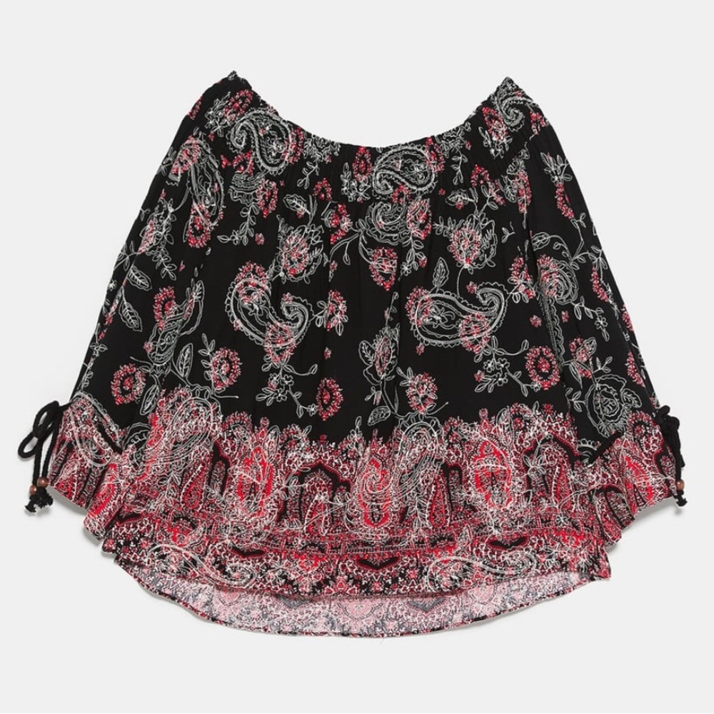 Zara Embroidered Floral Print Top Small. Red White Black Floral Paisley NWT